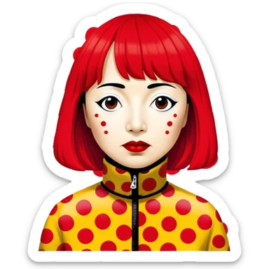 Yayoi Kusama – Cinematic Realistic Portrait of Yayoi Kusama, depicted as an avant-garde artist with an eccentric, captivating expression surrounded by her iconic polka dot patterns, rendered with vivid textures and imaginative lighting that evokes her unique, surreal creative world. sticker