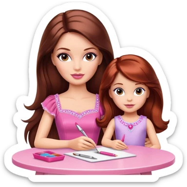 A Barbie girl with makeup, with long dark brown hair, with a child, a daughter with red-brown hair, sitting at a table sticker