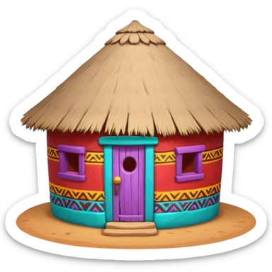 African mud hut tribal house, round adobe clay hut, thatched roof, bright colorful paint, walls in turquoise, red, yellow, purple, tribal patterns, cute mobile game icon, 3D cartoon, soft shadows, clean background, no text, no watermark sticker
