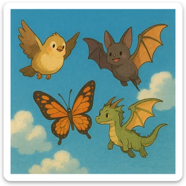 a whimsical collection of animals with wings including a bird, bat, butterfly, and dragon in ghibli style sticker