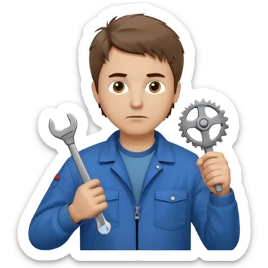 Calm and independent male technician, Caucasian features, short tousled brown hair, serious but composed expression, wearing a blue work jacket over a grey t-shirt, holding a wrench in one hand and a mechanical gear in the other, waist-up, front-facing sticker