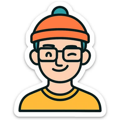 a guy with rectangle glasses, beanie, winking, flat color icon style sticker