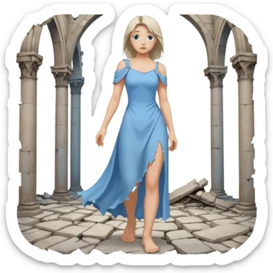 Female figure standing barefoot in ruined cathedral, dress slipping from shoulder sticker
