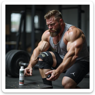 European powerlifter in competition clothing training with effort, painful expression, wearing knee brace, bottle of Stanozololo nearby, realistic details, gym background sticker