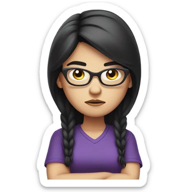 Angry scowling white girl, purple t-shirt, long black hair, wearing glasses, with arms crossed over chest. sticker