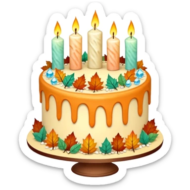 fall cake adorned with overflowing raw pastel crystals, leaves and candles sticker
