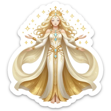 fullbody universe goddess Sophia, Ethereal Light Being, Made of starlight and fractals, Glowing white/gold skin with flowing translucent robes, Hair like galaxy mist, Jewelry made of stars and crystals sticker