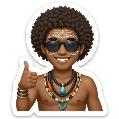 African Black tribal man with curly hair, traditional tribal face paint, wearing sunglasses, smiling, thumbs up sticker