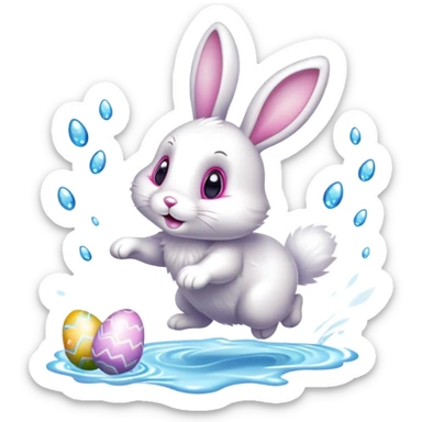 Easter bunny hopping away with a stream of sparkling magic behind it and Easter eggs at the end of the stream sticker