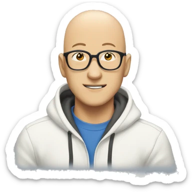 bald saitama in his 30s wearing glasses, smiling, in a blue hoodie sticker