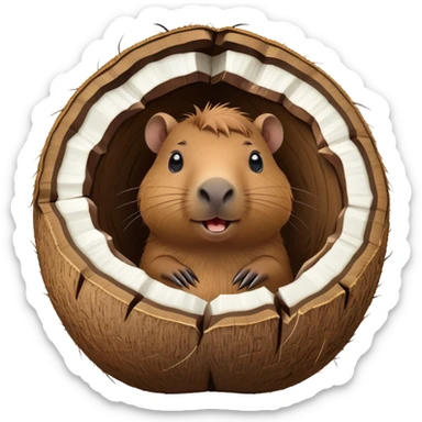A cute capybara peeking out from inside a cracked open coconut shell sticker