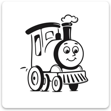 A hand-drawn toy train with a goofy happy expression and a conductor's hat sticker