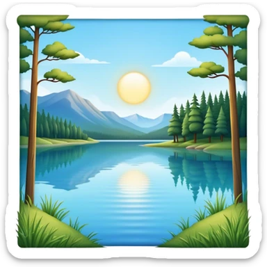 Cinematic Realistic Lake Emoji, Calm and reflective, with clear blue waters mirroring the surrounding landscape, framed by tall trees and grassy shores. The sunlight sparkles on the water’s surface while birds and animals play at the edge. Soft glowing outline, capturing the essence of peaceful serenity in a tranquil lake. sticker