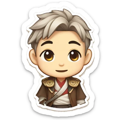 Chibi Zhongli (Genshin). Emoji/stickers. Smiling. Pencil drawn. Minimal details. Light coffee paper texture. Dynamic sequences. Cartoonish/cute/minimalistic. Chibi proportions. Soft shading. Paper texture. Light coffee background.
 sticker