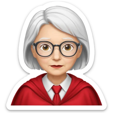 An older woman with glasses and white hair, in a red tie and cape sticker