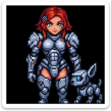 Add a small robotic pet next to the cyborg girl warrior in pixel art style. sticker