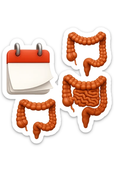 emoji stile iphone di un calendario con fogli che volano insieme a pezzi anatomici di colon umano, iperrealistico 4k, isolato su sfondo bianco sticker
