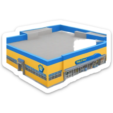 “Walmart store with a simple, recognizable design, featuring the iconic sunburst logo, blue and yellow color scheme, and storefront details that convey a large retail environment.” sticker