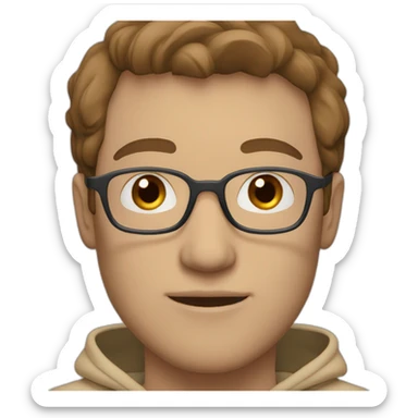 Man with blue eyes and brown hair and glasses wearing a beige hoodie sticker