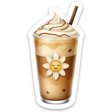iced vanilla latte, glass with ice, vanilla flower garnish, soft highlights, no text, emoji style sticker