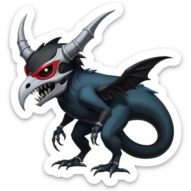 Shiny Dark Edgy  Duskull-Zoroark-Salandit-Inteleon-Amaura-Fakémon-hybrid-creature (full body) with a horned bird-skull-mask sticker
