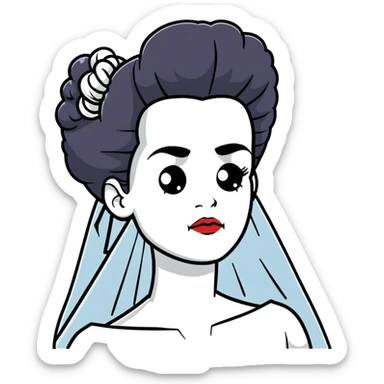 Bride of Frankenstein with tall black and white hair and stitches on face sticker
