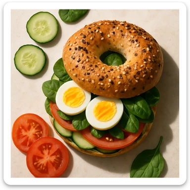 Pinterest-inspired bagel sandwich with eggs and fresh veggies inside, overhead food photography look, gentle shadows sticker