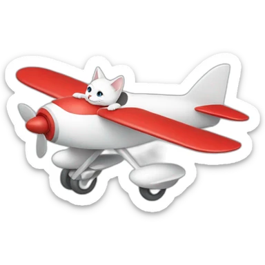 A white cat with a gray inclined riding a red plane sticker