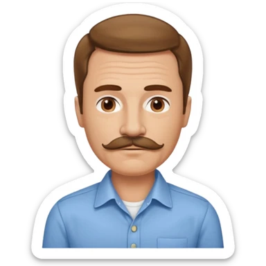 man with mustache, brown hair, 50 years old, shirt, high temple sticker