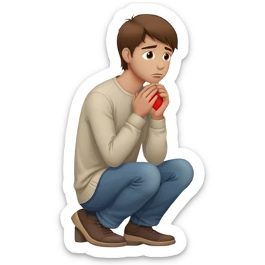 a man with brown hair staying in a
full height in profile with anxiety and begging face with a broken heart sticker