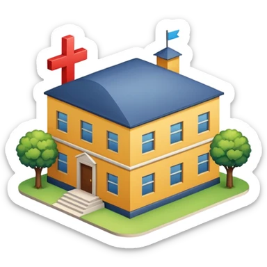 dormitory with a cross mark, next to job, house, and school symbols, clean and optimistic sticker