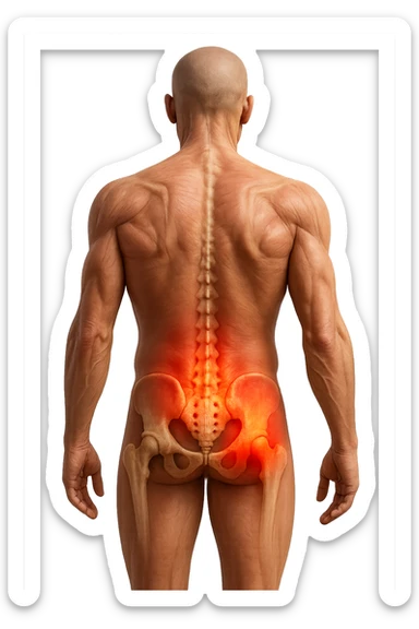 CORPO UMANO ANATOMICO REALISTICO DI SPALLE CON DOLORE ALLA LOMBARE INFIAMMATA, DOLORE ALL'ANCA, IPERREALISTICO 4K sticker