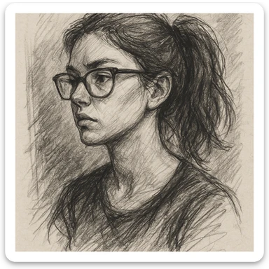 a woman with chestnut hair tied in a ponytail and black frame glasses, pencil sketch style sticker