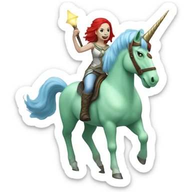 [
	{ a light green Amazon alien woman [ with red hair, with blue eyes]} 
	on a 
	[{ unicorn:[white, six-legged, light blue mane}]]] sticker