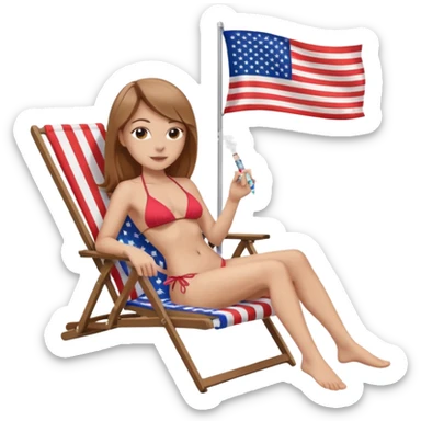 White Woman with straight light brown hair in a bikini in a beach chair vaping with an american flag sticker