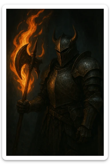 Make the flaming halbert super realistic, held by a scary, armored knight in a dark fantasy setting with dramatic lighting. Keep the background dark and moody, emphasizing realism and fantasy atmosphere. sticker