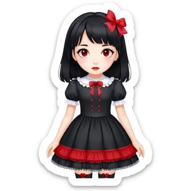 girl in black Lolita dress with black hair and red tips sticker