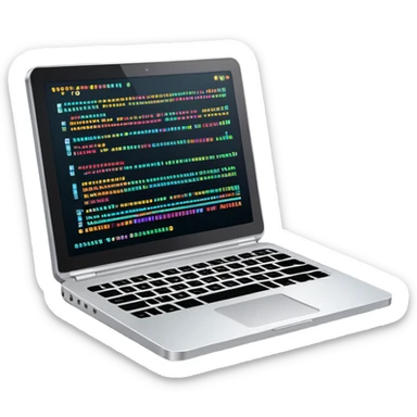 An icon featuring a laptop screen with colorful lines of code, brackets, and a blinking cursor, symbolizing programming. The design includes flowcharts, gear icons, and binary code, representing software development and logical problem-solving. Transparent background highlights the world of coding. sticker