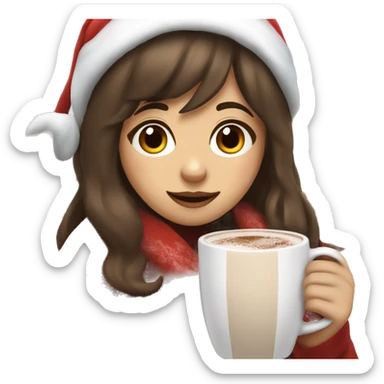 Girl with brown hair wispy bangs wearing a Santa hat and a blanket hold a cup of hot chocolate  sticker
