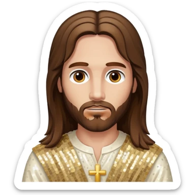 Jesus Christ with long brown hair, ivory sequin outfit sticker