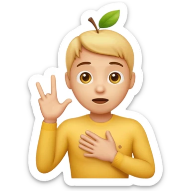 yellow apple style emoji with surprised expression saying 'me?', finger touching chest, very direct pose, clean white background sticker