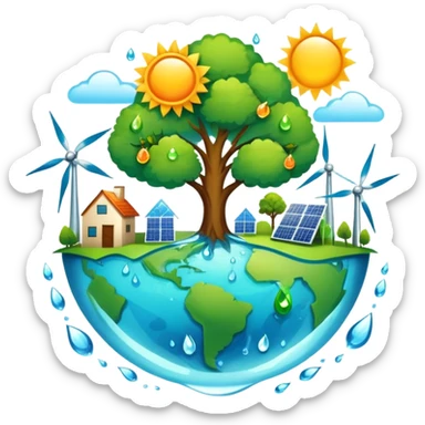 An icon featuring a green Earth, a tree, recycling symbols, and renewable energy sources like wind turbines, solar panels, and hydropower. The design includes animals, water droplets, and the sun, representing ecology, sustainable energy, and environmental protection. Transparent background. sticker