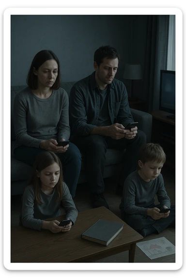 Famiglia composta da padre, madre e uno o due figli seduti nello stesso ambiente domestico (salotto o tavola da pranzo), ma ciascuno è assorto nei propri pensieri, con espressioni spente e distaccate. Nessuno si guarda o sorride. I colori dell’ambiente sono freddi e grigi, la luce è debole. Intorno a loro, simboli di disconnessione: telefoni in mano, TV accesa ma ignorata, silenzio. L’atmosfera è visivamente carente di calore emotivo. Nessun contatto fisico, postura rigida. Un dettaglio visivo come un album di foto chiuso sul tavolo o un disegno dei figli dimenticato sul pavimento accentua la mancanza di dolcezza e unione sticker