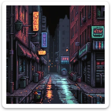 Pixel art background, side view of a dark Gotham-style street at night, moody lighting, flickering neon signs, trash bins, wet pavement, shadows in windows, 2D fighting game stage style, straight camera angle, vertical layout, 9:16 aspect ratio, suitable for mobile game
 sticker