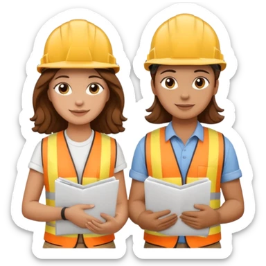a couple holding hands, boyfriend with short brown hair, girlfriend with long brown curls, both wearing construction helmets and holding construction plans, emoji style sticker