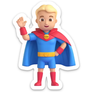 3D emoji-style character with a cape, striking a heroic pose, vibrant and friendly sticker