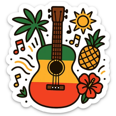 reggae guitar with tropical elements, lively and fun sticker