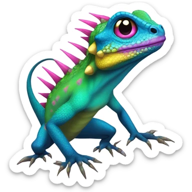 green and blue lizard with yellow underbelly, pink-purple spikes on back and back of head, pink-purple tongue sticking out of mouth, and yellow eyes with blue and black color sticker