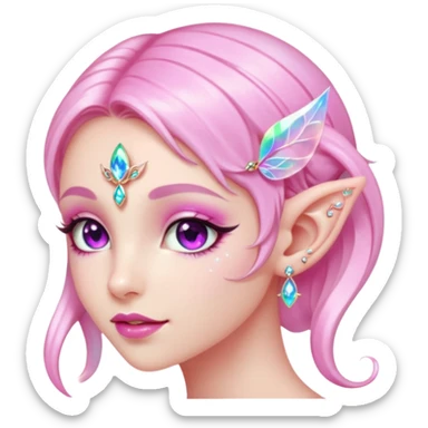 portrait of pink Elvish fae shiny sparkly iridescent translucent diaphanous ear climber ear cuff sticker