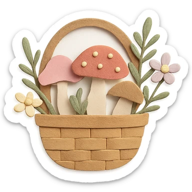 basket full of forest goodies with mushrooms, herbs, flowers in soft pastel colors, paper-craft style sticker